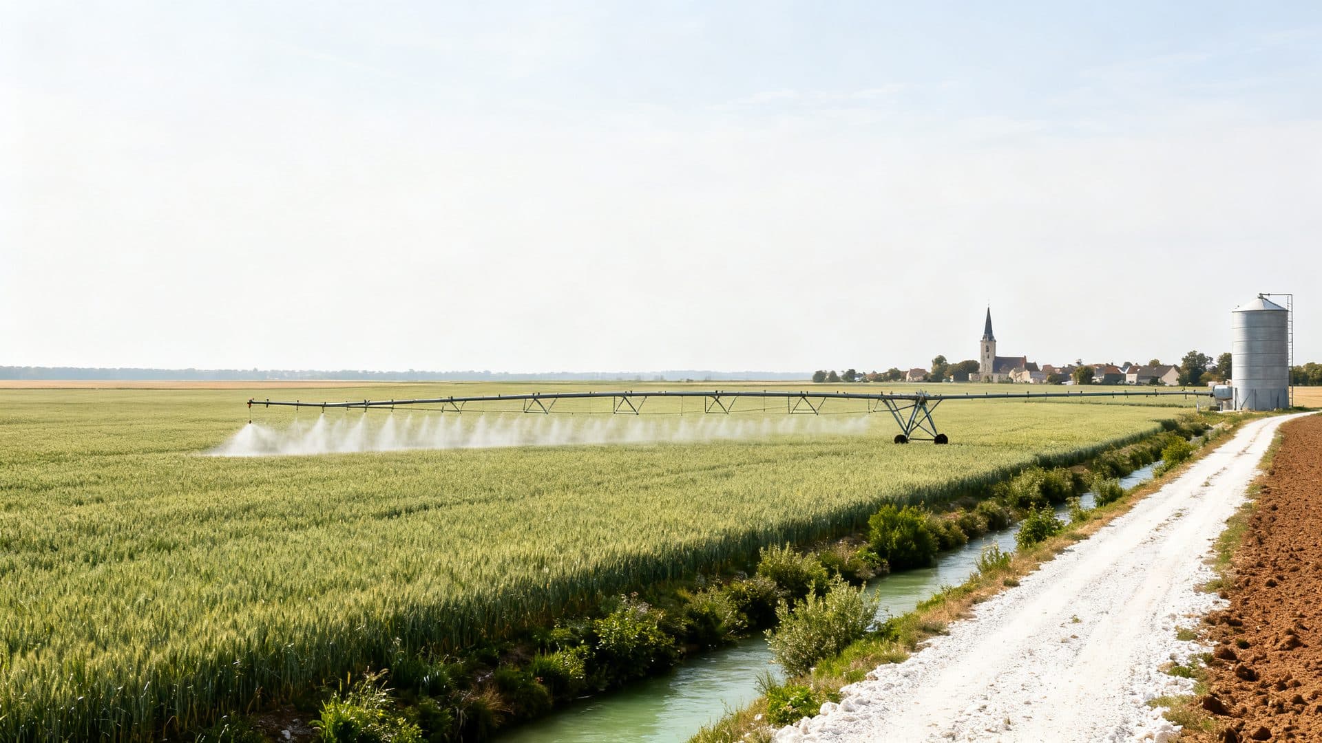 Plaine céréalière de Beauce sous irrigation, clocher et silo à l'horizon