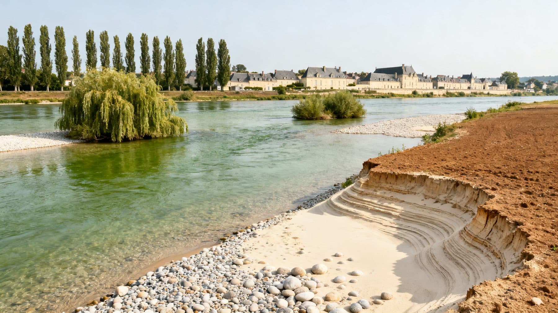 Banc de sable et de graviers sur la Loire, maisons de tuffeau en face
