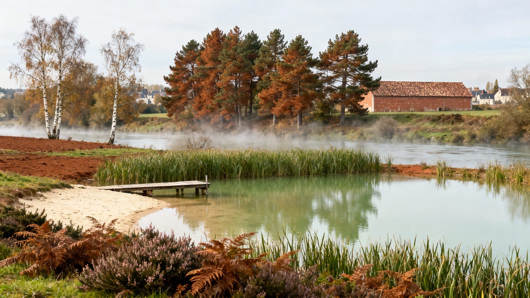 Étang de Sologne bordé de bruyères et de pins, brume du matin