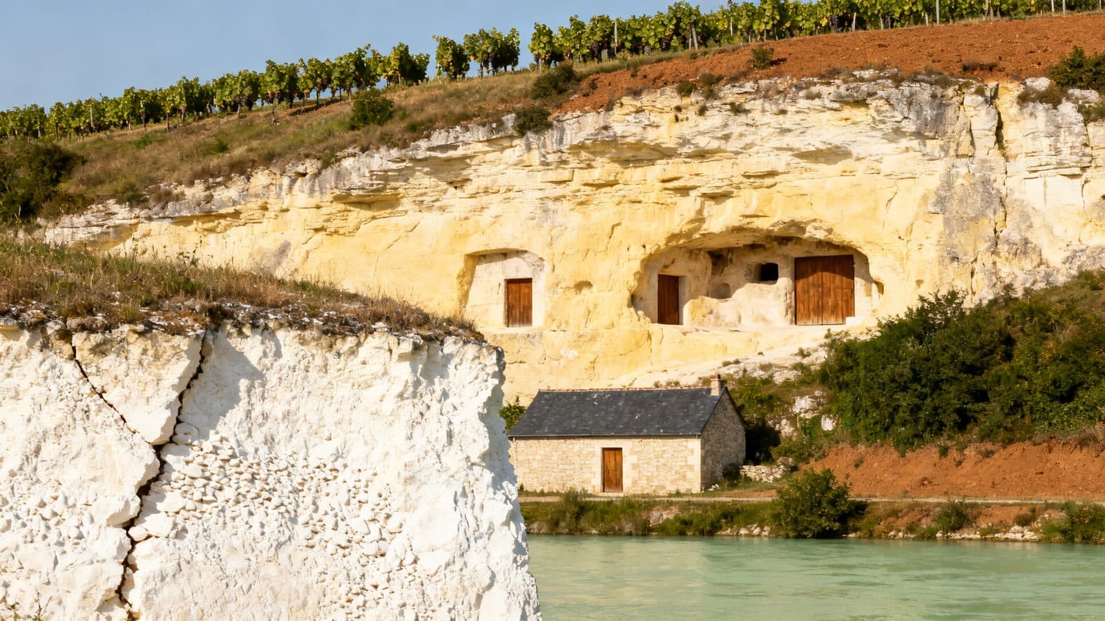 Coteau de tuffeau creusé de caves, vignes en haut de la falaise